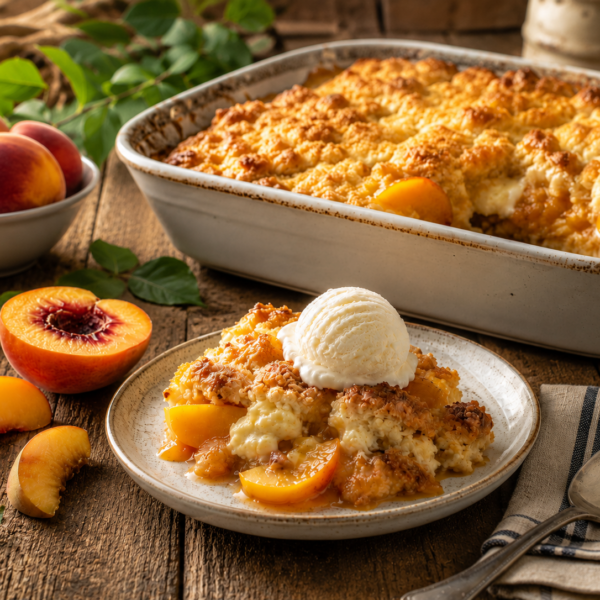 A plate of peach cobbler cake topped with a scoop of vanilla ice cream sits in front of a baking dish filled with more cobbler. Fresh peaches and green leaves are arranged on a rustic wooden table nearby.