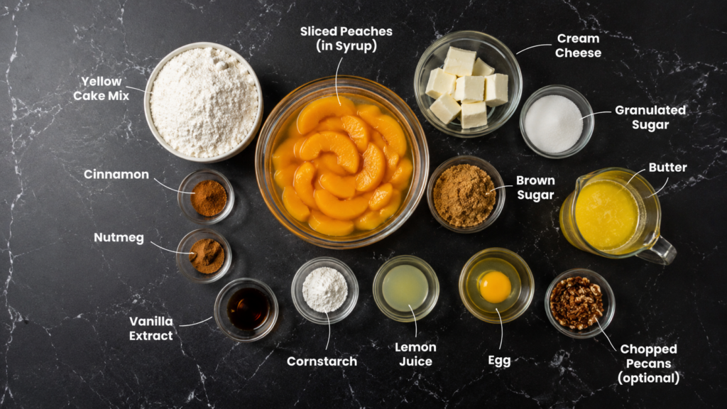 A top-down view of labeled baking ingredients for a peach cobbler cake on a black surface, including yellow cake mix, cinnamon, nutmeg, vanilla extract, cornstarch, lemon juice, eggs, brown sugar, cream cheese, butter, sliced peaches, and chopped pecans.