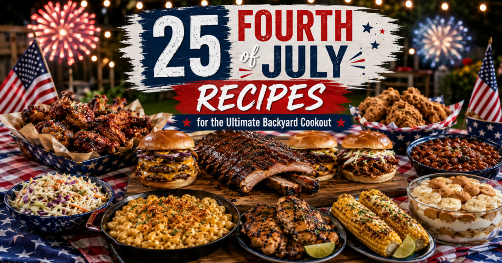 A festive Fourth of July cookout spread with burgers, ribs, chicken wings, corn, beans, salads, and desserts on a decorated table featuring American flags and fireworks. Text reads: “25 Fourth of July Recipes.”.