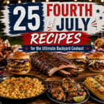 A festive Fourth of July cookout spread with burgers, ribs, chicken wings, corn, beans, salads, and desserts on a decorated table featuring American flags and fireworks. Text reads: &ldquo;25 Fourth of July Recipes.&rdquo;.