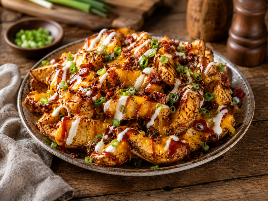 A plate of loaded BBQ ranch potato wedges topped with melted cheese, crispy bacon bits, sliced green onions, barbecue sauce, and ranch dressing sits on a rustic wooden table. A napkin and a bowl of green onions are nearby.