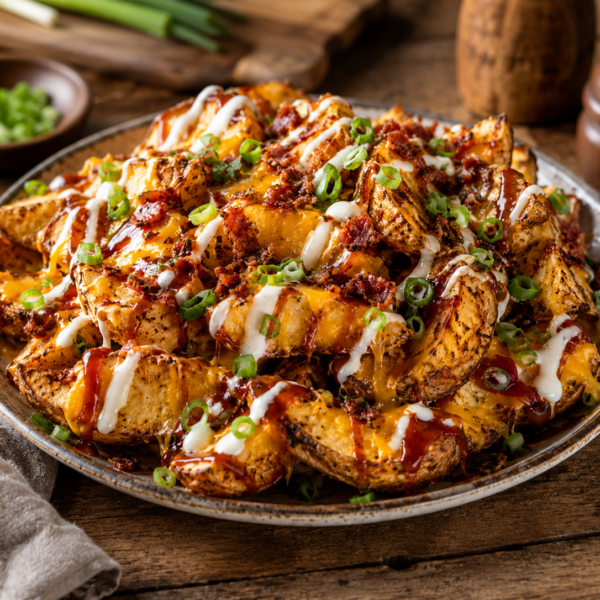A plate of loaded BBQ ranch potato wedges topped with melted cheese, crispy bacon bits, sliced green onions, barbecue sauce, and ranch dressing sits on a rustic wooden table. A napkin and a bowl of green onions are nearby.
