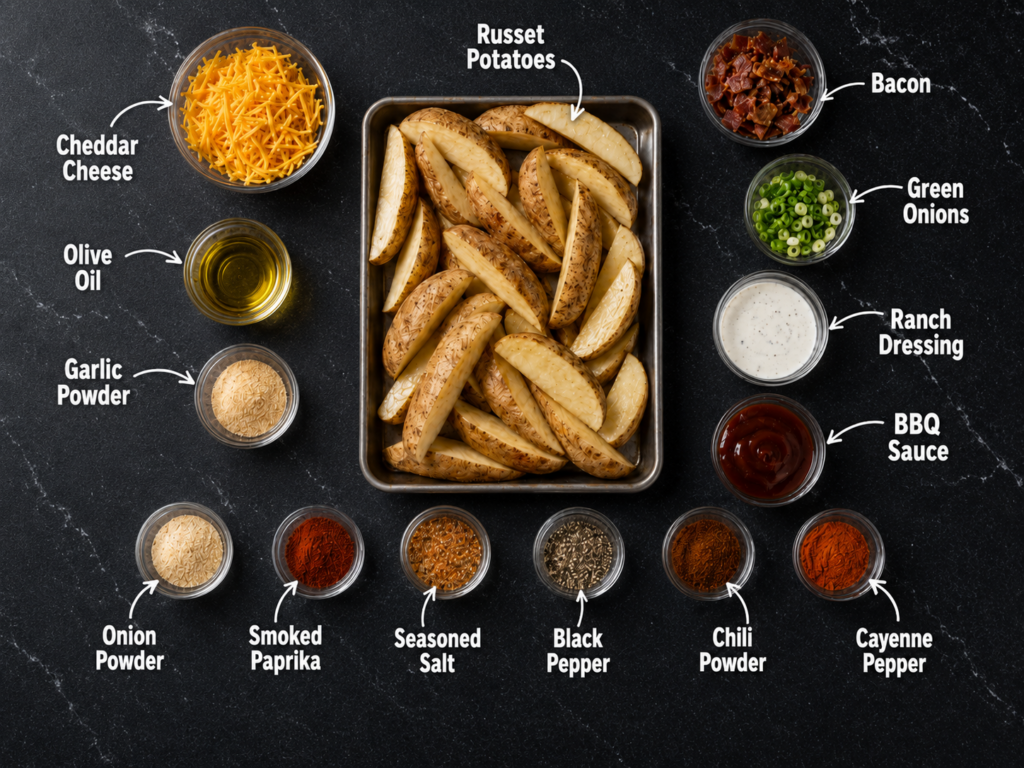 A flat lay of ingredients for loaded BBQ ranch potato wedges, featuring russet potatoes, cheddar cheese, bacon, green onions, olive oil, ranch dressing, BBQ sauce, and a blend of spices like smoked paprika and cayenne pepper.