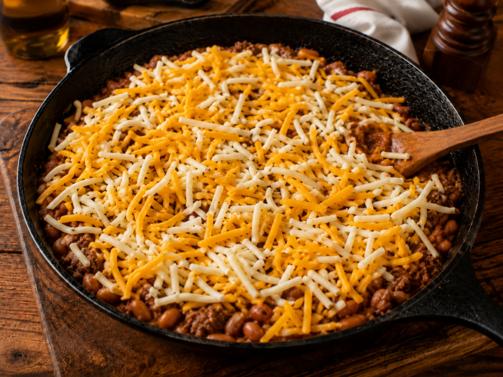 A cast iron skillet filled with chili and savory bbq baked bean dip, topped with shredded cheddar and mozzarella cheese, with a wooden spoon resting on the edge. The skillet is set on a rustic wooden table.
