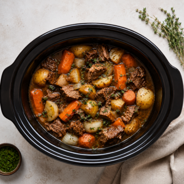 A slow cooker filled with beef stew containing chunks of beef, carrots, potatoes, and onions in broth, garnished with fresh herbs. Fresh thyme and a small bowl of chopped herbs sit nearby on a light surface—a hearty addition to your recipe index.