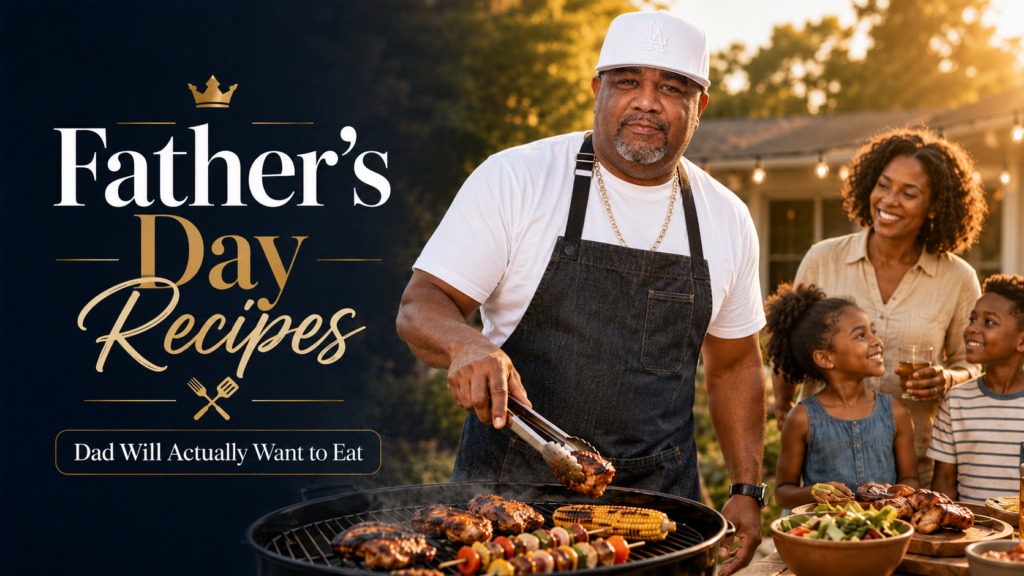 A man grills food outdoors, smiling while using tongs. A woman and two children stand nearby, all smiling. Text reads: Father’s Day recipes Dad Will Actually Want to Eat. Grilled veggies and chicken sizzle on the barbecue.