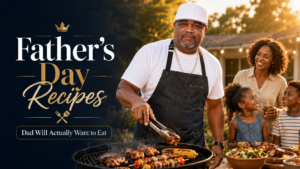 A man grills food outdoors, smiling while using tongs. A woman and two children stand nearby, all smiling. Text reads: Father&rsquo;s Day recipes Dad Will Actually Want to Eat. Grilled veggies and chicken sizzle on the barbecue.