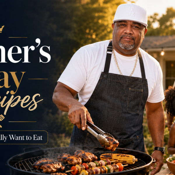A man grills food outdoors, smiling while using tongs. A woman and two children stand nearby, all smiling. Text reads: Father’s Day recipes Dad Will Actually Want to Eat. Grilled veggies and chicken sizzle on the barbecue.