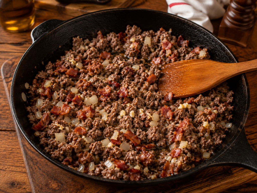 Ground beef, diced onions, and bacon pieces sizzle in a black cast iron skillet as they&rsquo;re stirred for a smoky bbq baked bean dip on a rustic wooden surface.