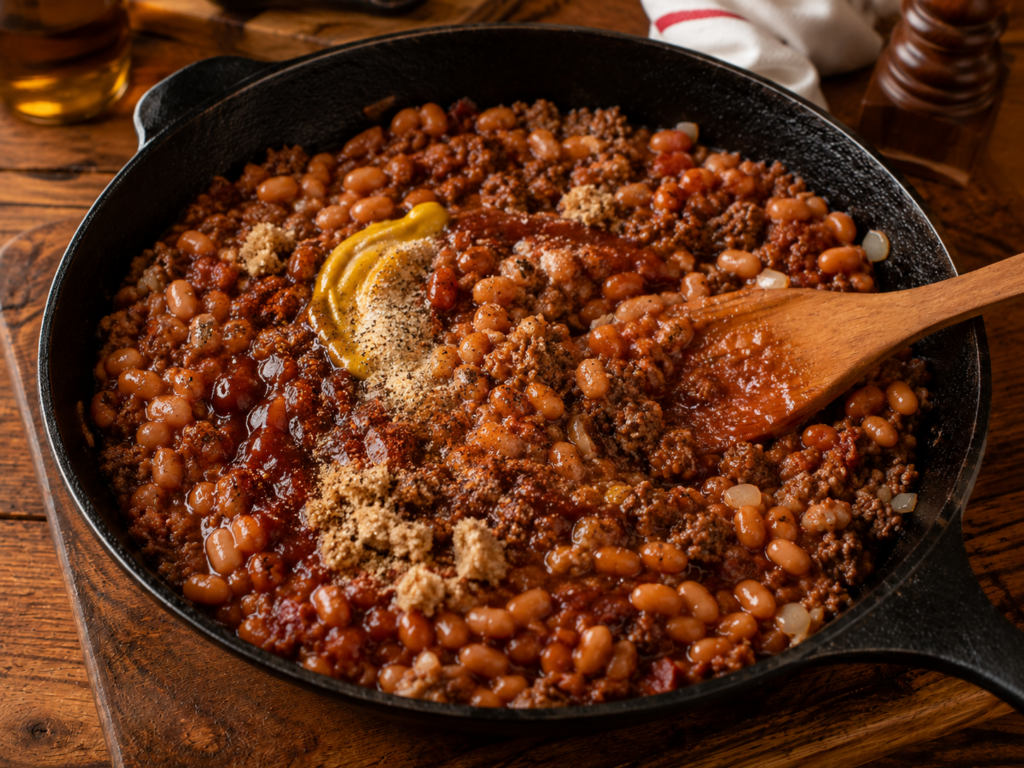 A cast iron skillet filled with bbq baked bean dip&mdash;baked beans, ground beef, and diced onions&mdash;being stirred with a wooden spoon. The mixture is topped with brown sugar and a squirt of yellow mustard.