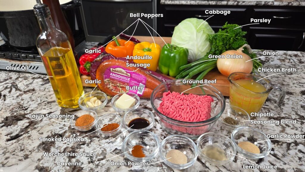 A kitchen counter displays ingredients for a Cajun dirty cabbage recipe, including olive oil, spices, garlic, andouille sausage, bell peppers, cabbage, ground beef, fresh herbs, chicken broth, and lemon juice—all labeled and neatly arranged.