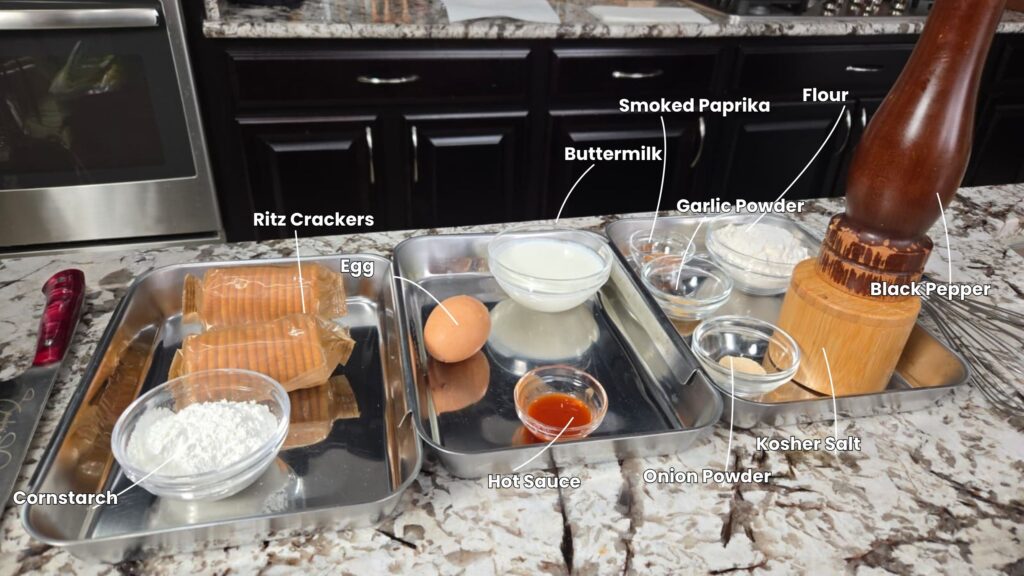 Three trays on a kitchen counter hold labeled ingredients for fried green tomatoes: Ritz crackers, cornstarch, egg, hot sauce, buttermilk, smoked paprika, garlic powder, onion powder, kosher salt, flour, and a black pepper grinder.