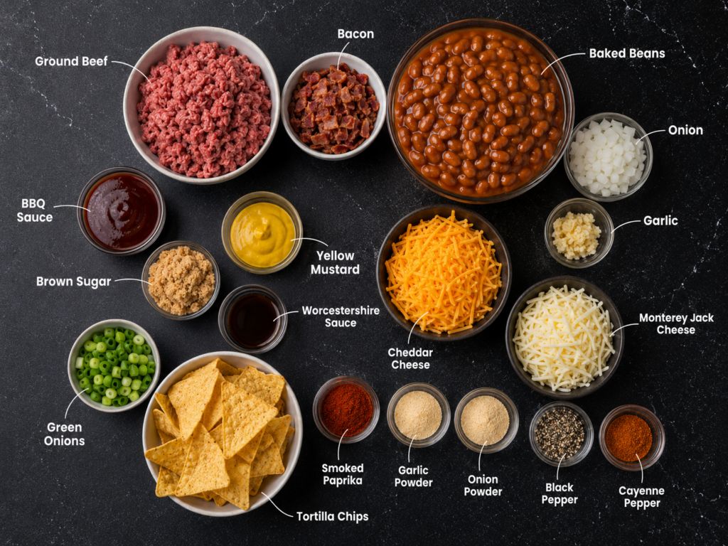 A flat lay of ingredients for a cheesy bbq baked bean dip, featuring ground beef, bacon, baked beans, onion, garlic, cheeses, green onions, sauces, spices, brown sugar, and tortilla chips on a black surface.