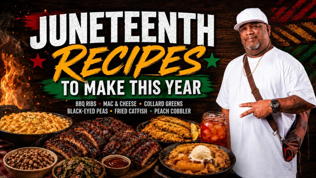 A man stands next to a table filled with BBQ ribs, mac & cheese, collard greens, black-eyed peas, fried catfish, peach cobbler, and iced tea. Text reads: Juneteenth recipes to make this year with a recipe list.
