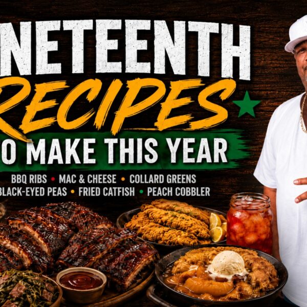 A man stands next to a table filled with BBQ ribs, mac & cheese, collard greens, black-eyed peas, fried catfish, peach cobbler, and iced tea. Text reads: Juneteenth recipes to make this year with a recipe list.