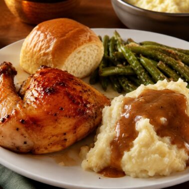 A plate of roasted chicken, mashed potatoes with brown gravy, green beans, and a dinner roll sits on a wooden table beside a bowl of mashed potatoes and a lit candle—perfect inspiration for your next recipe index.