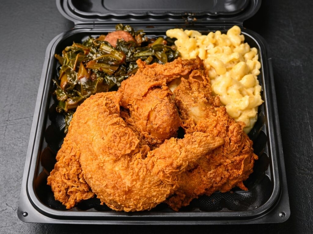 A black takeout container from AB&rsquo;s BBQ Fusion food trailer with fried chicken, macaroni and cheese, and collard greens on a dark surface.