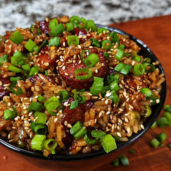 A black bowl filled with fried rice, topped with sliced sausage, chopped green onions, and sesame seeds, sits on a wooden surface with scattered green onions.