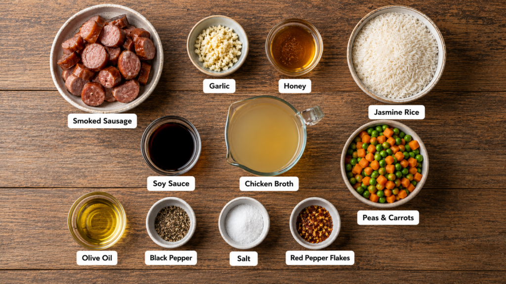 Ingredients for honey garlic sausage and rice on a wooden table: smoked sausage, garlic, honey, jasmine rice, soy sauce, chicken broth, peas and carrots, olive oil, black pepper, salt, and red pepper flakes in labeled bowls.