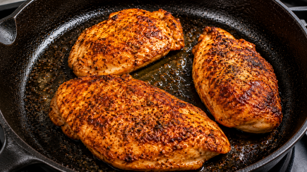 Three seasoned chicken breasts are being cooked in a black cast iron skillet, showing a golden-brown sear and some visible oil in the pan.