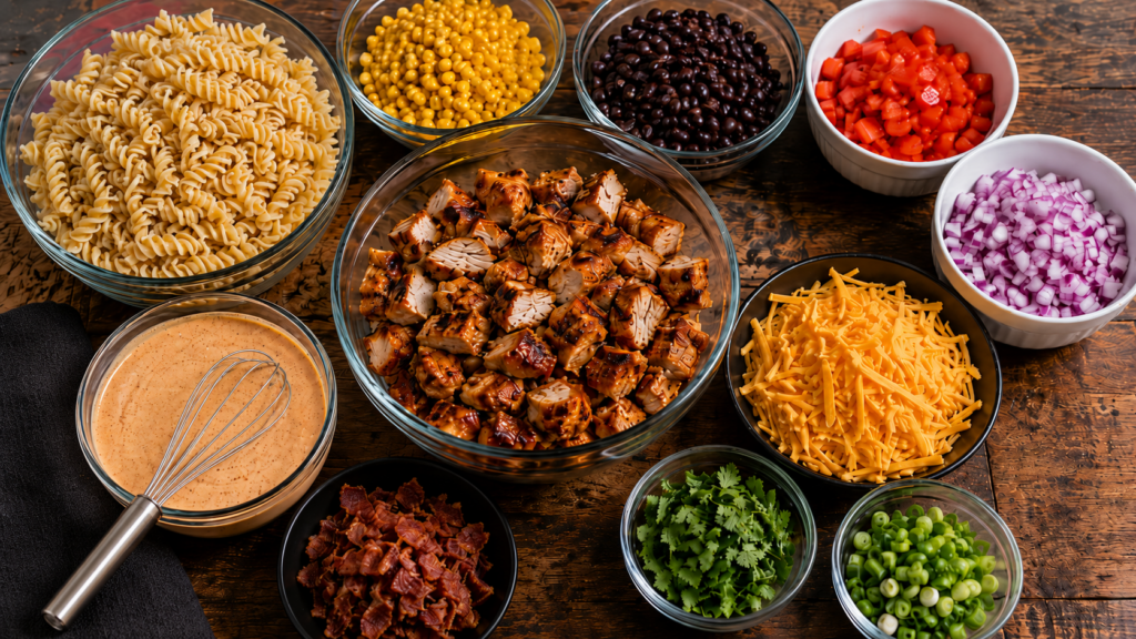 A variety of ingredients in bowls on a wooden table, including pasta, corn, black beans, diced chicken, tomatoes, onions, shredded cheese, bacon, cilantro, green onions, and a creamy sauce with a whisk.