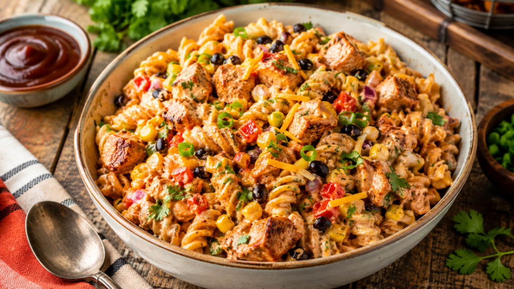 A bowl of creamy pasta with grilled chicken, black beans, corn, chopped tomatoes, green onions, cheese, and fresh herbs on a rustic wooden table, with a spoon and a small bowl of sauce nearby.