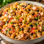 A bowl of creamy pasta with grilled chicken, black beans, corn, chopped tomatoes, green onions, cheese, and fresh herbs on a rustic wooden table, with a spoon and a small bowl of sauce nearby.