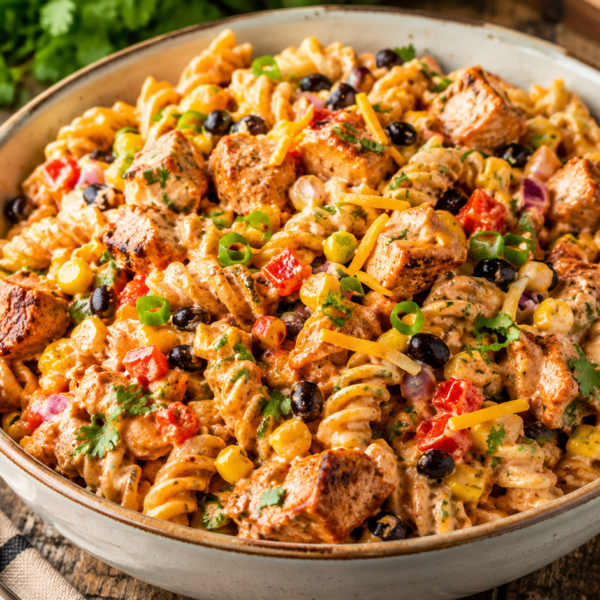 A bowl of creamy pasta with grilled chicken, black beans, corn, chopped tomatoes, green onions, cheese, and fresh herbs on a rustic wooden table, with a spoon and a small bowl of sauce nearby.