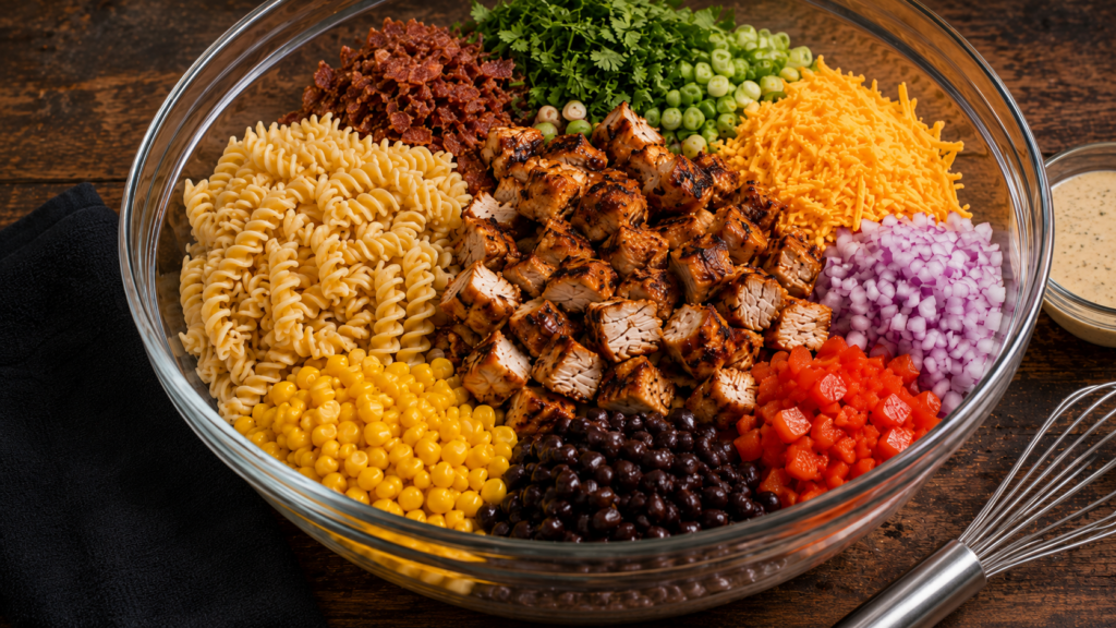 A glass bowl filled with grilled chicken, rotini pasta, corn, black beans, cheddar cheese, chopped red onion, bell pepper, green onion, bacon bits, and parsley, arranged in sections on a wooden table.