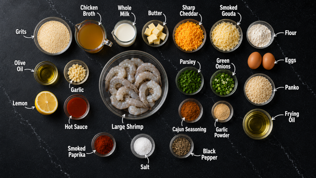 Ingredients for a fried grit cakes and shrimp recipe are arranged in bowls on a black surface, including shrimp, grated cheeses, seasonings, flour, eggs, broth, milk, butter, green onions, parsley, and more.