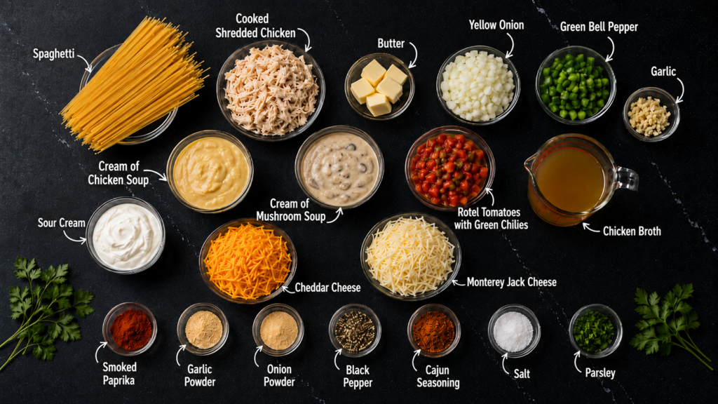 Ingredients for a classic chicken spaghetti recipe, including pasta, cheeses, chicken, vegetables, spices, cream soups, broth, butter, and sour cream, are arranged in small bowls and grouped by type on a dark table.