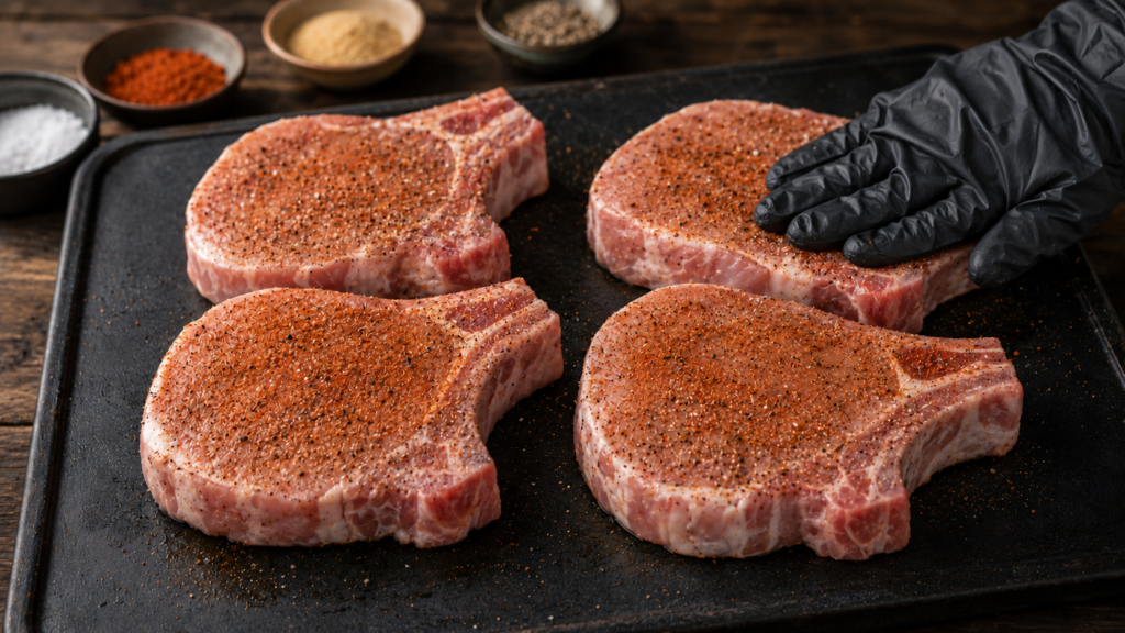 Four raw bone-in pork chops seasoned with spices on a black tray, with a gloved hand pressing seasoning onto one chop. Small bowls of spices and salt are visible in the background, ready to infuse these grilled peach BBQ pork chops with bold, mouthwatering flavor.