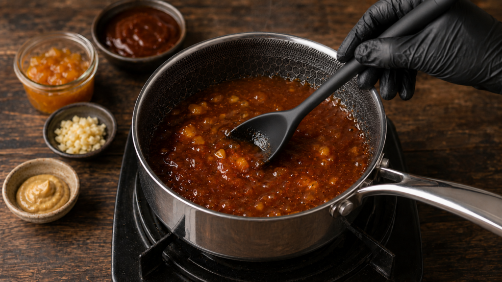 A hand in a black glove stirs a pot of thick, reddish-brown sauce on a stovetop, perfect for glazing grilled peach BBQ pork chops. Small bowls of chopped garlic, mustard, sauce, and relish are arranged nearby on a wooden surface.