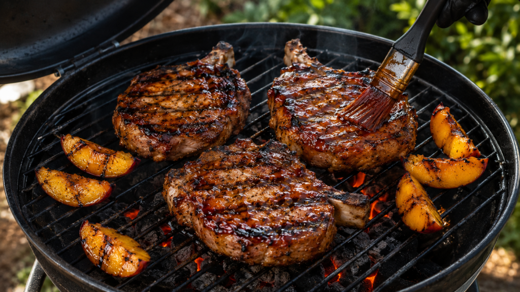 Three grilled peach BBQ pork chops sizzle on the barbecue alongside caramelized peach slices, as a brush bastes rich sauce onto one juicy chop.