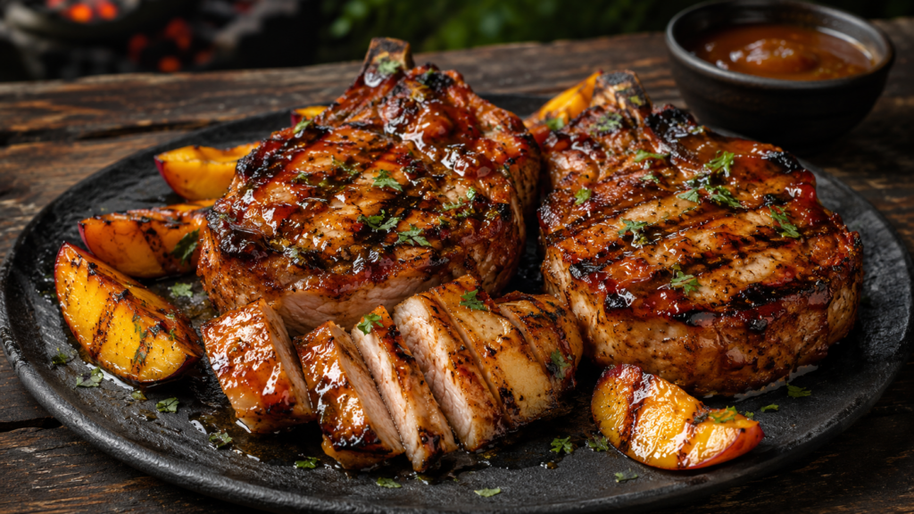 Grilled peach BBQ pork chops with char marks are served on a black plate, accompanied by grilled peach slices and fresh herbs, with a small bowl of sauce in the background.