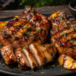 Grilled peach BBQ pork chops with char marks are served on a black plate, accompanied by grilled peach slices and fresh herbs, with a small bowl of sauce in the background.