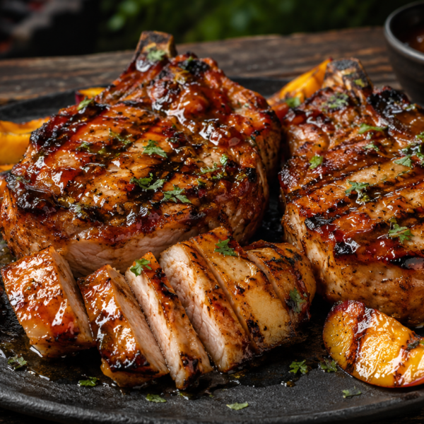 Grilled peach BBQ pork chops with char marks are served on a black plate, accompanied by grilled peach slices and fresh herbs, with a small bowl of sauce in the background.