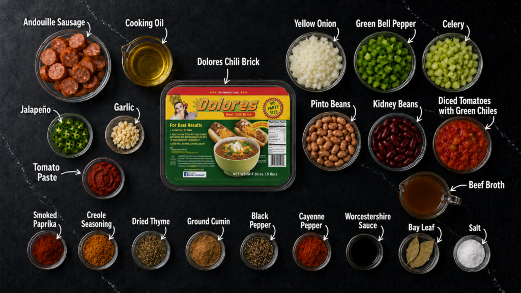 Ingredients for andouille chili are arranged around a Dolores Chili Brick package, including sausage, vegetables, spices, beans, broth, and tomatoes, each labeled with white text and arrows on a black surface.
