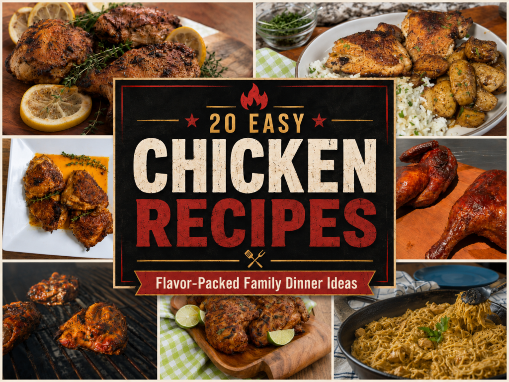 A collage featuring various cooked chicken dishes surrounds a central sign that reads “20 Easy Chicken Recipes: Flavor-Packed Family Dinner Ideas,” highlighting 20 chicken dinner recipes with images of grilled, roasted, and baked chicken meals.