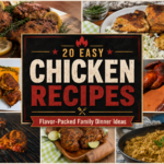 A collage featuring various cooked chicken dishes surrounds a central sign that reads &ldquo;20 Easy Chicken Recipes: Flavor-Packed Family Dinner Ideas,&rdquo; highlighting 20 chicken dinner recipes with images of grilled, roasted, and baked chicken meals.