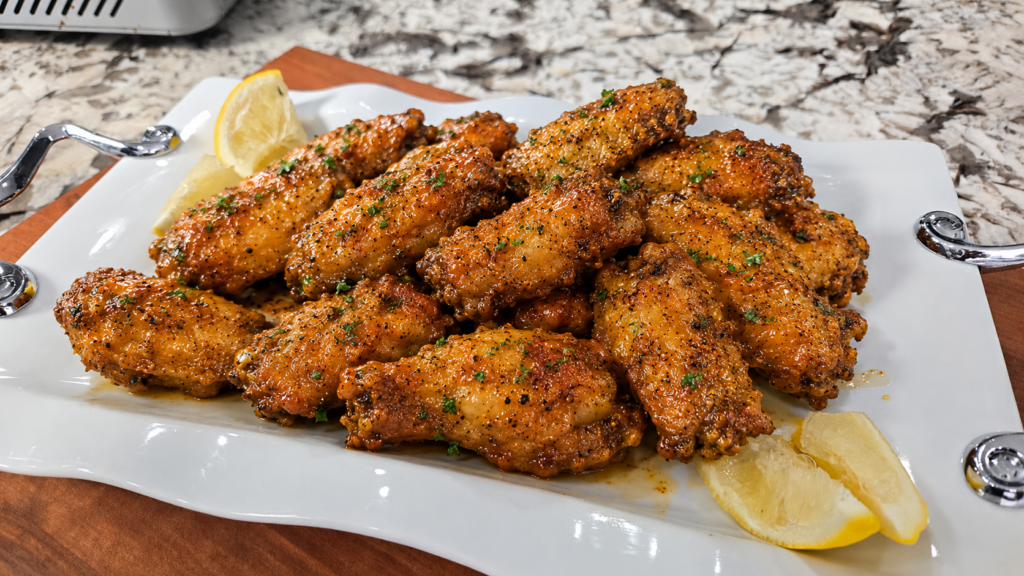 A white platter holds a dozen seasoned chicken wings garnished with herbs and lemon wedges, set on a marbled countertop.