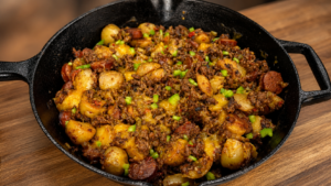 A cast iron skillet filled with dirty smothered potatoes, cooked ground beef, sliced sausage, halved baby potatoes, melted cheddar cheese, and chopped green peppers on a wooden table.