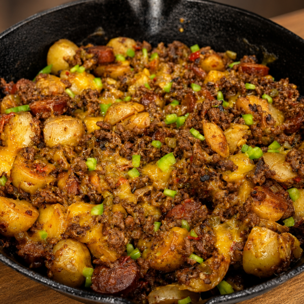 A cast iron skillet filled with dirty smothered potatoes, cooked ground beef, sliced sausage, halved baby potatoes, melted cheddar cheese, and chopped green peppers on a wooden table.
