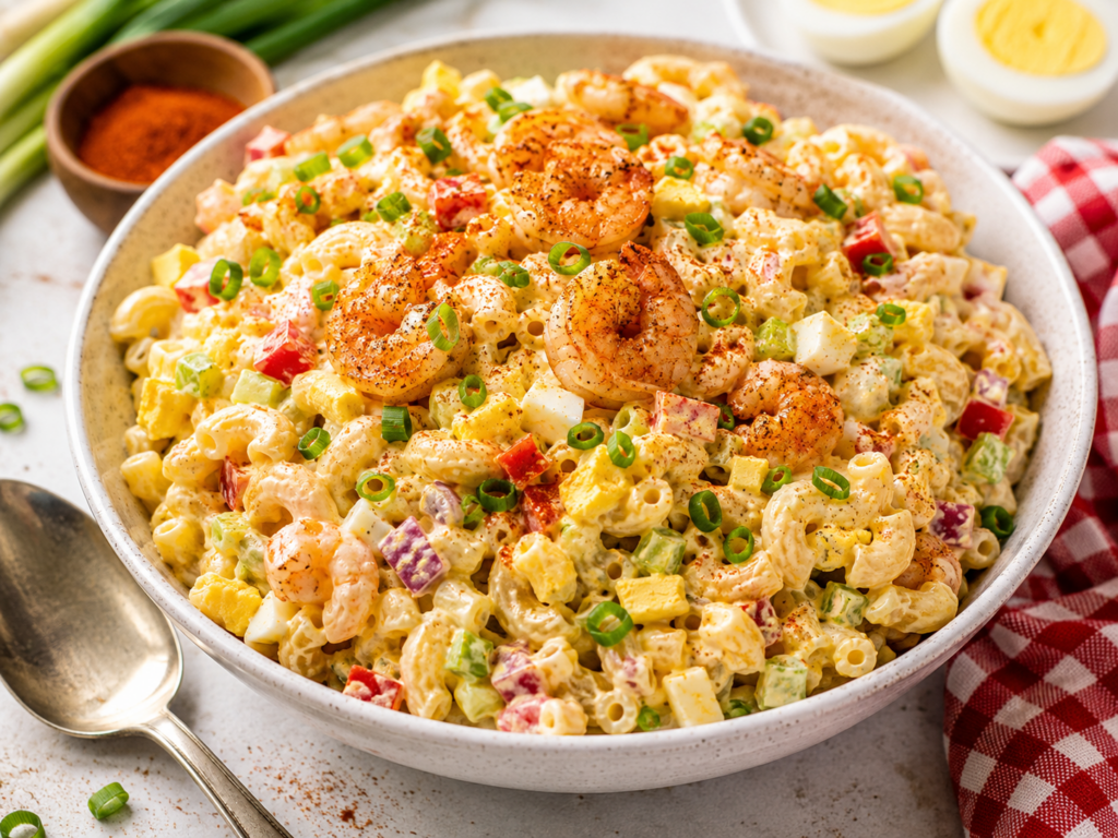 A bowl of creamy macaroni salad topped with seasoned shrimp, chopped green onions, diced red and yellow peppers, celery, and hard-boiled eggs, next to a spoon and a red gingham napkin.