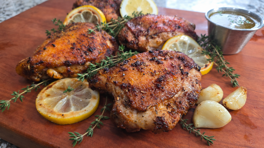 Grilled chicken thighs with crispy skin, garnished with lemon slices, fresh thyme, roasted garlic cloves, and a small cup of sauce, served on a wooden board.