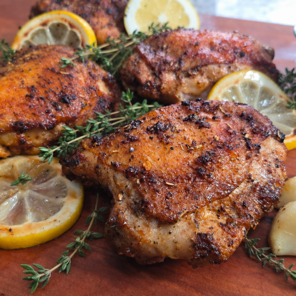 Grilled chicken thighs with crispy skin, garnished with lemon slices, fresh thyme, roasted garlic cloves, and a small cup of sauce, served on a wooden board.