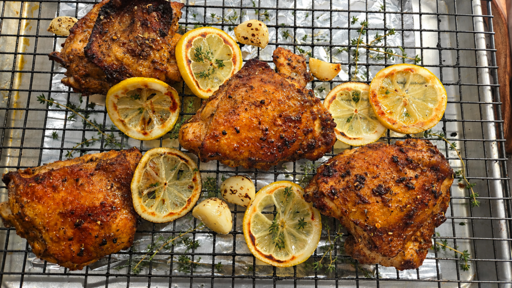 Four baked chicken thighs on a wire rack with lemon slices, garlic cloves, and sprigs of thyme, all arranged on a foil-lined baking sheet.