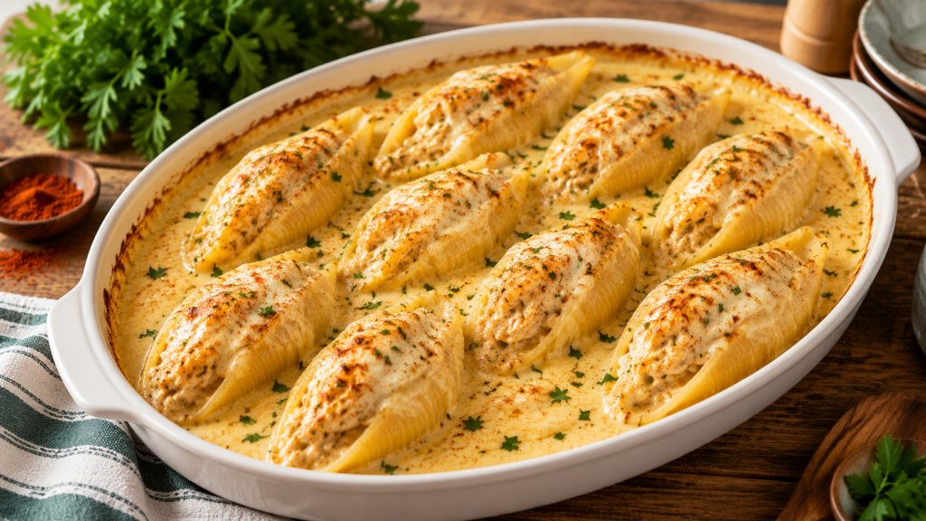 Large pasta shells stuffed with a creamy, cheesy filling are baked in a white sauce, topped with herbs, and arranged neatly in a white oval dish on a wooden table. Fresh parsley and spices are visible in the background.