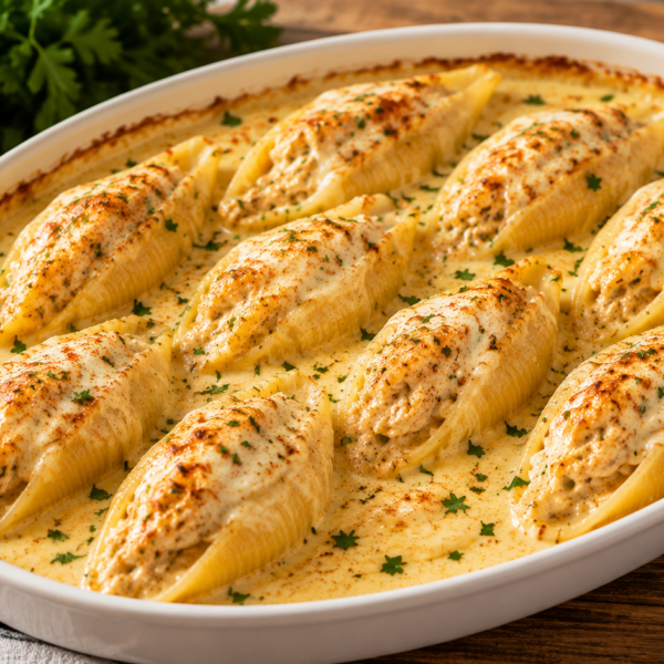 Large pasta shells stuffed with a creamy, cheesy filling are baked in a white sauce, topped with herbs, and arranged neatly in a white oval dish on a wooden table. Fresh parsley and spices are visible in the background.