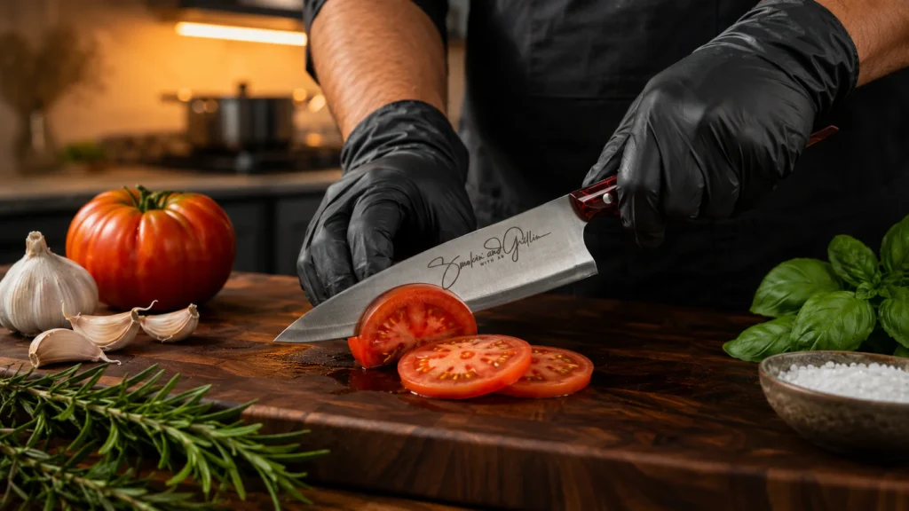 A person wearing black gloves slices a tomato on a wooden cutting board, surrounded by garlic, herbs, and fresh basil—classic Smokin and Grillin with AB vibes in a cozy kitchen setting.